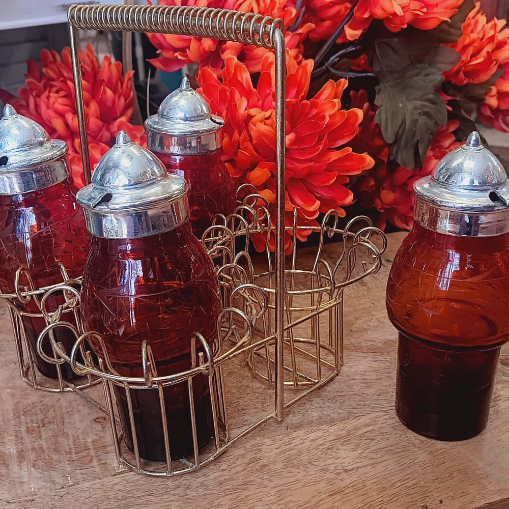 Vintage Cranberry Glass Cruet Set with Silver Tops - Picture 3 of 7